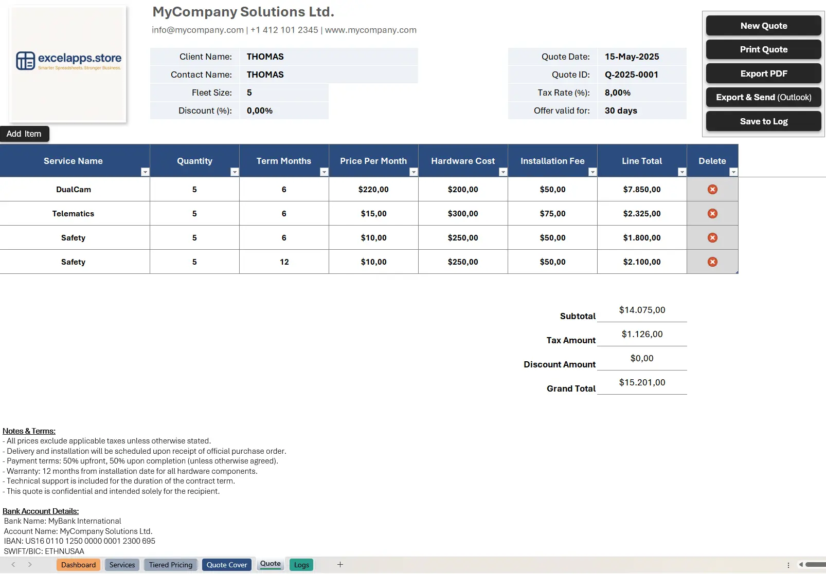Main quoting interface in Excel, featuring client information fields, a dynamic table for adding service lines, totals calculation panel, and buttons for PDF export, email send, and saving.